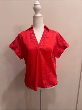Hutch Vibrant Red Split V-Neck Short Sleeve Blouse